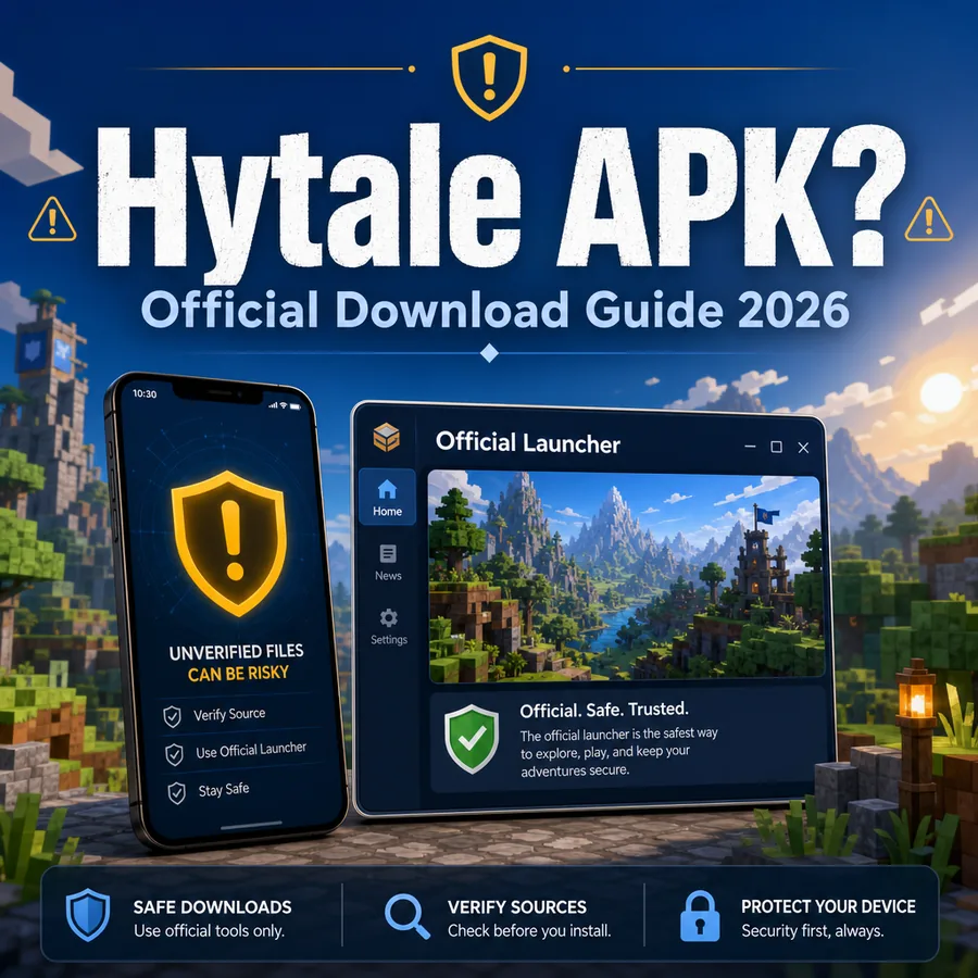 Hytale APK Android safety guide showing an Android phone warning beside the official desktop launcher